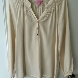 Lilly Pulitzer Cream silk button front gathered neckline Blouse